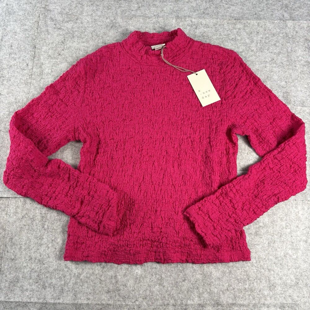A New Day Womens M Hot Pink Smocked Mock Long Sleeve Top Stretch Barbiecore NWT
